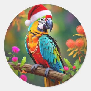 Weihnachts-Macaw mit einer Weihnachtsmannmütze-564 Runder Aufkleber
