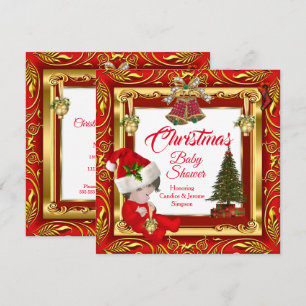 Weihnachts Mädchen oder Junge Baby Shower Rot Gold Einladung