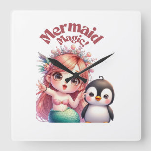 Weihnachts Magic Card mit Pinguin Spaß Quadratische Wanduhr
