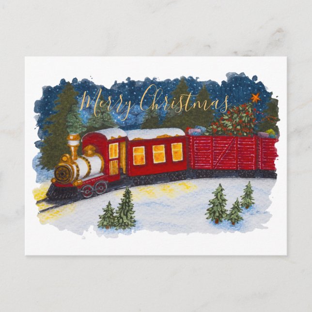 Weihnachts-Magie Vintager Rotdampfzug Postkarte (Vorderseite)