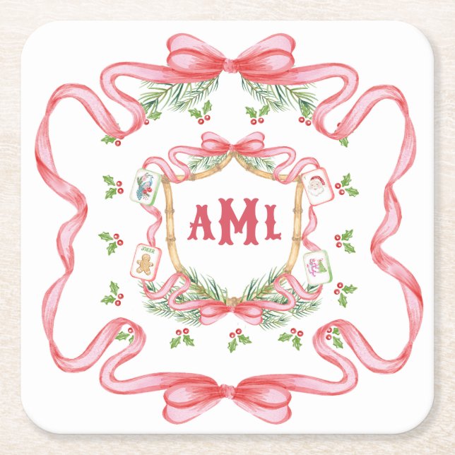 Weihnachts-Mahjong | Monogramm Rechteckiger Pappuntersetzer (Vorderseite)