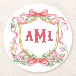 Weihnachts-Mahjong | Monogramm Runder Pappuntersetzer