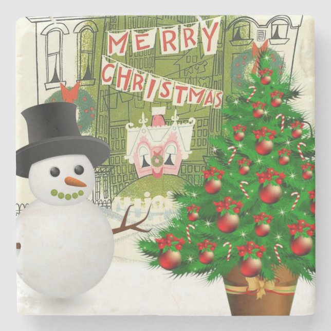 Weihnachts-Marmorstein-Untersetzer, Snowman Steinuntersetzer (Vorderseite)