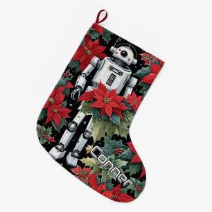 Weihnachts-Mech-Roboter mit Poinsettien Großer Weihnachtsstrumpf
