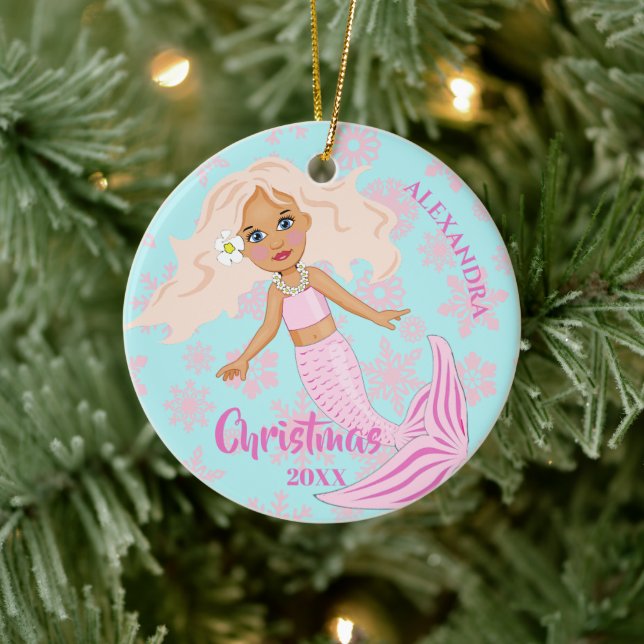 Weihnachts-Meerjungfrau Rosa Schneeflocken Foto Keramik Ornament (Baum)