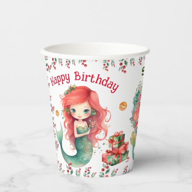 Weihnachts-Mermaid Geburtstagspapiere Cups Pappbecher (Vorderseite)