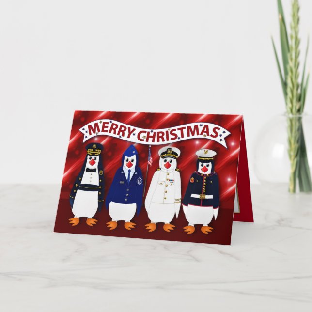 Weihnachts-Militärpinguine 4 Zweige Uniformen C Karte (Vorderseite)