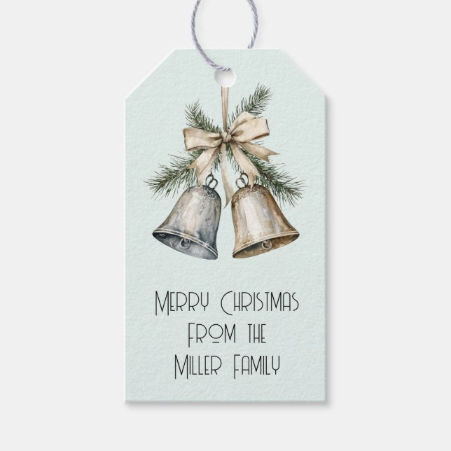 Weihnachts-Minze Champagner Silberglocken mit Bow Geschenkanhänger (Vorderseite)