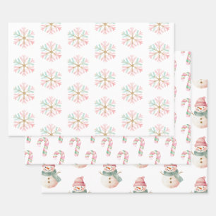 Weihnachts-Minze Rosa Schneeflocken Candy Snowman Geschenkpapier Set