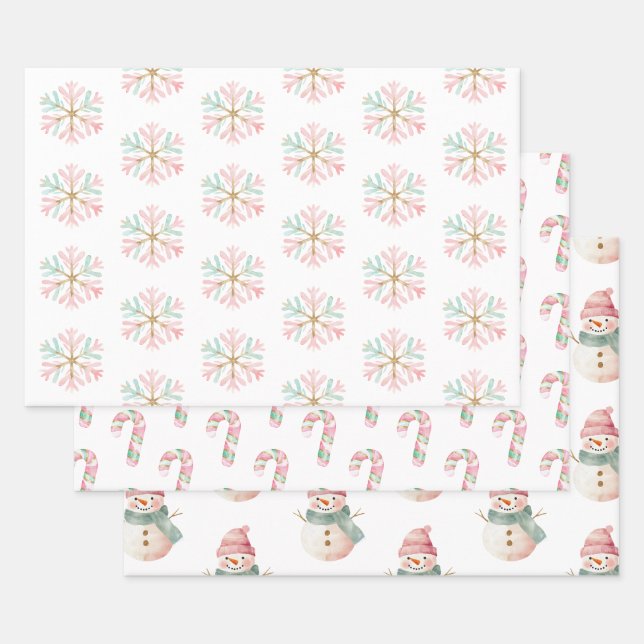 Weihnachts-Minze Rosa Schneeflocken Candy Snowman Geschenkpapier Set (Set)