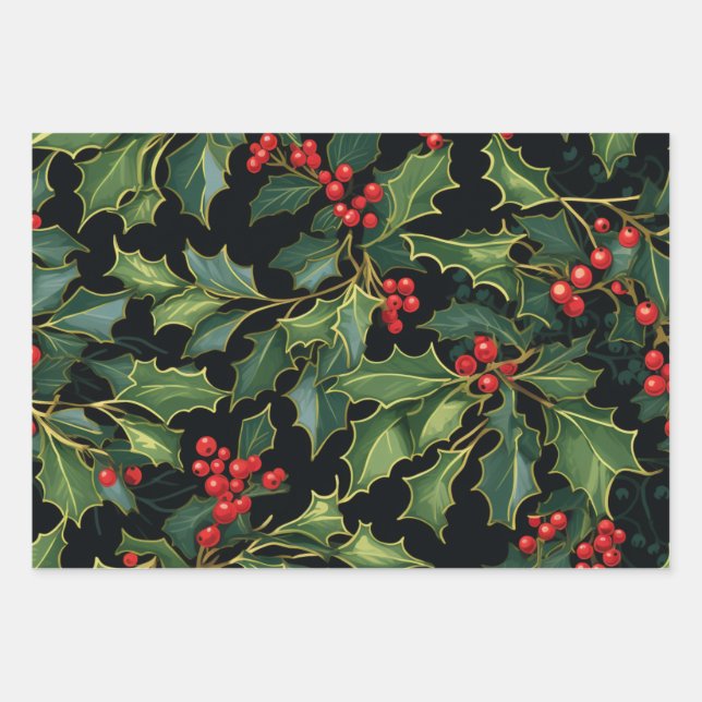 Weihnachts-Mistletoe, Holly-Blätter, Berries Geschenkpapier Set (Vorderseite)