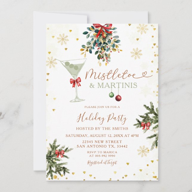 Weihnachts-Mistletoe & Martini-Gold-Brautparty Einladung (Vorderseite)