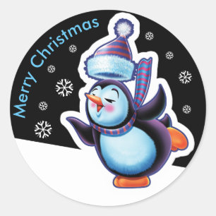 Weihnachts Mitternachtsaufkleber Pinguin Skaten. Runder Aufkleber