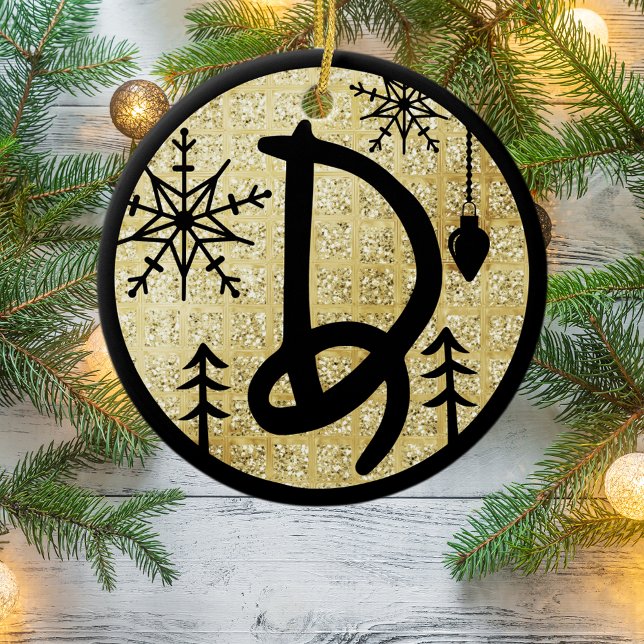 Weihnachts Monogram Letter D Black Gold Glitzer Keramik Ornament (Von Creator hochgeladen)