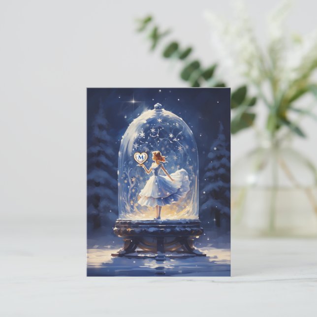 Weihnachts Monogram Niedlich Snow Globe Feiertagspostkarte (Stehend Vorderseite)