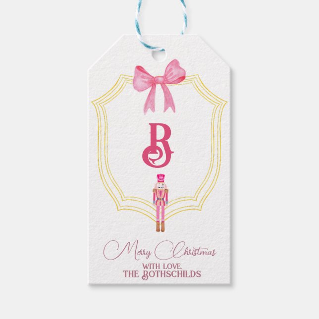 Weihnachts Monogram Pink Nutcracker Geschenketiket Geschenkanhänger (Vorderseite)