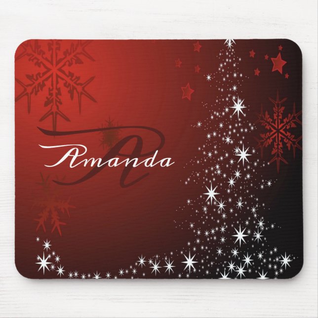 Weihnachts Monogram White Stars Tree Rote Schneefl Mousepad (Vorne)