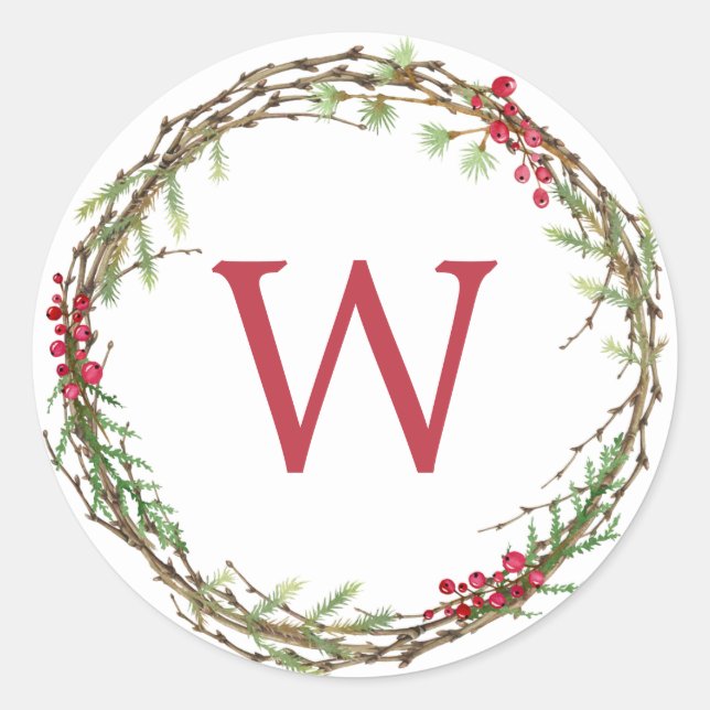 Weihnachts Monogram Winter Greenerity Wreath Berri Runder Aufkleber (Vorderseite)