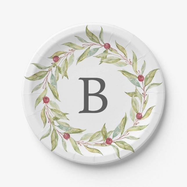 Weihnachts Monogram Winter Greenery Blätter Berrie Pappteller (Vorderseite)