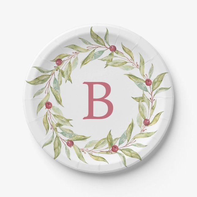 Weihnachts Monogram Winter Greenery Blätter Berrie Pappteller (Vorderseite)