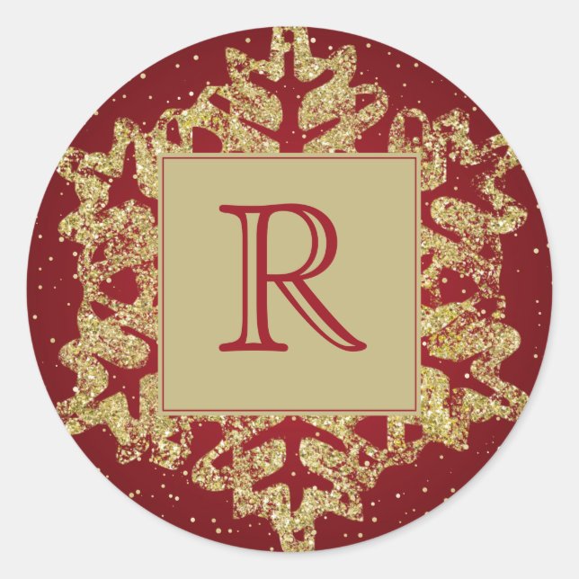 Weihnachts-Monogramm-Glitzer Snowflake Red Gold Runder Aufkleber (Vorderseite)