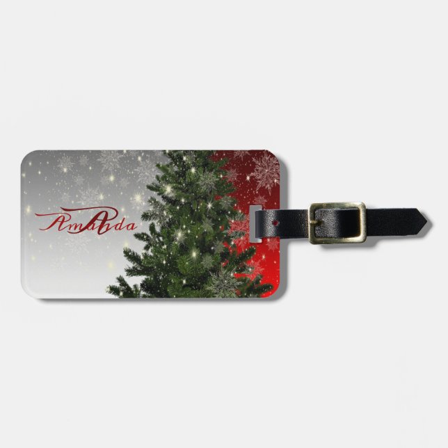 Weihnachts-Monogramm Grüner Tree Roter Silberschne Gepäckanhänger (Vorderseite horizontal)
