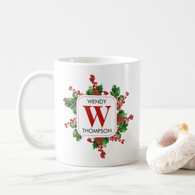 Weihnachts-Monogramm Rot & Grün Kaffeetasse (Mit Donut)