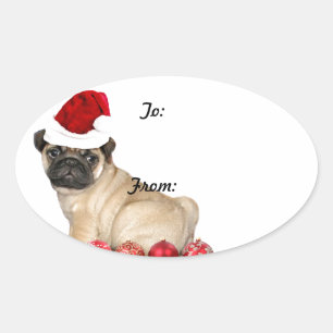 Weihnachts-Mops-Geschenksticker Ovaler Aufkleber