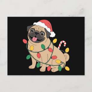 Weihnachts-Mops-Hund-Santa-Hut-Lichter-Zuckerstang Feiertagspostkarte
