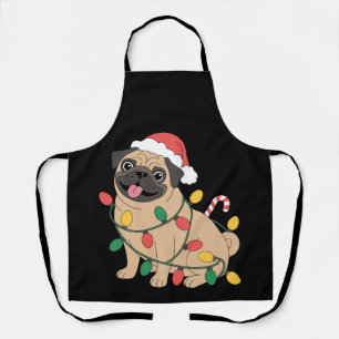 Weihnachts-Mops-Hund-Santa-Hut-Lichter-Zuckerstang Schürze