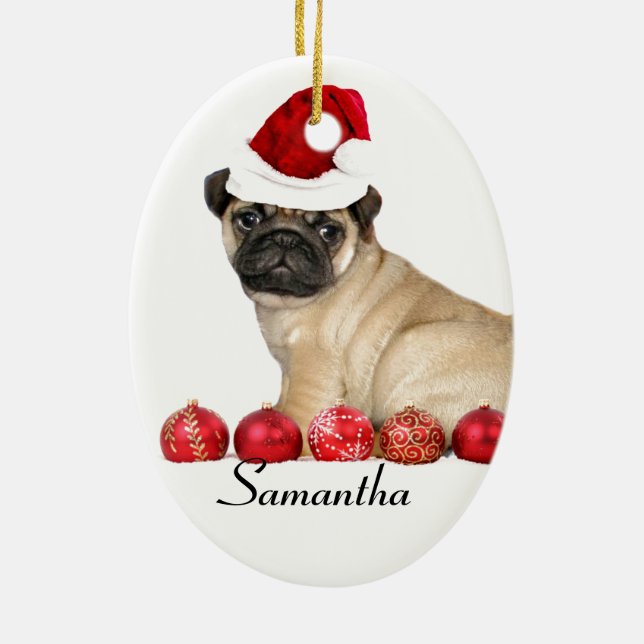 Weihnachts-Mops-Hund-Sonderbehandlung Oval Ornamen Keramik Ornament (Hinten)