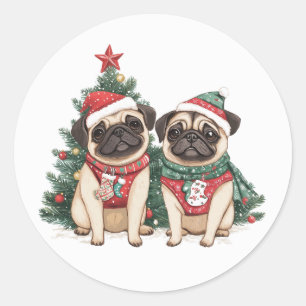 Weihnachts-Mops-Hunde Runder Aufkleber