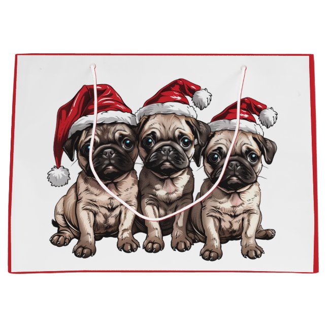 Weihnachts-Mops Hunde Santa Große Geschenktüte (Vorderseite)