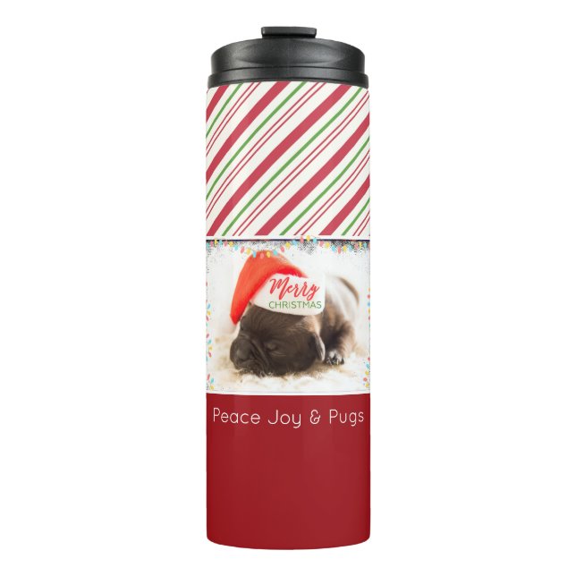 Weihnachts-Mops in Weihnachtsmannmütze mit festlic Thermosbecher (Vorderseite)
