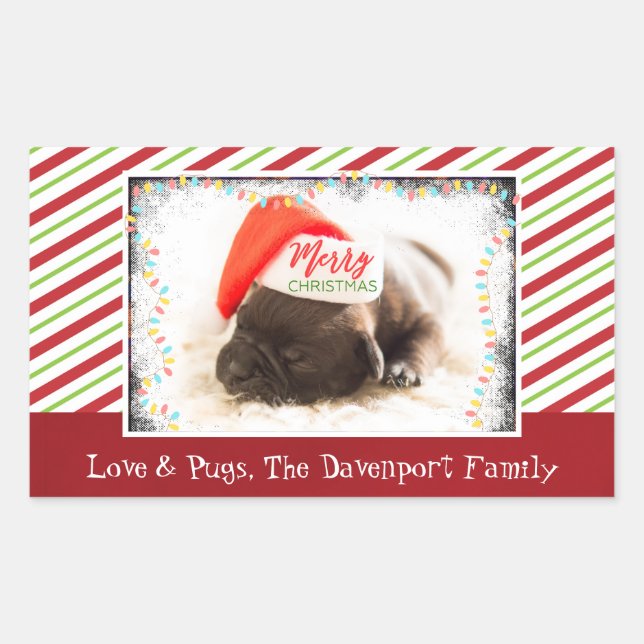 Weihnachts-Mops in Weihnachtsmannmütze mit Weihnac Rechteckiger Aufkleber (Vorderseite)