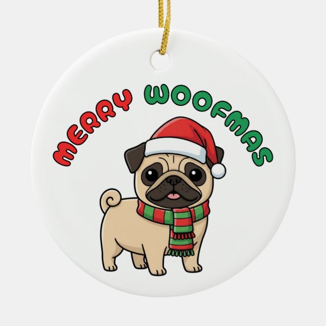 Weihnachts-Mops-Ornament: Frohe Weihnachtsmänner Keramik Ornament (Vorne)