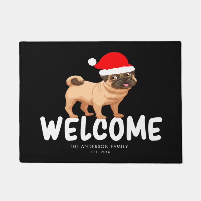 Weihnachts-Mops Personalisiert Black Doormat Fußmatte (Vorderseite)