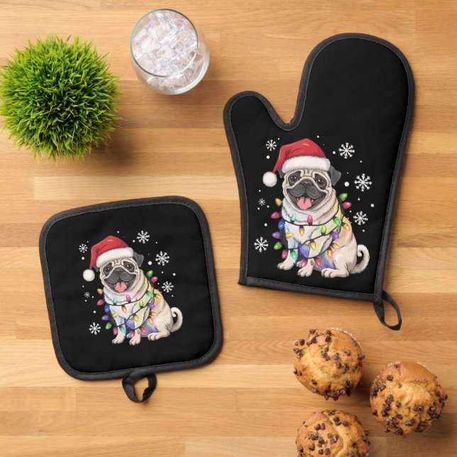 Weihnachts-Mops Weihnachten Weihnachten Weihnachte Ofenhandschuh & Topflappen-Set (Oben Unten)