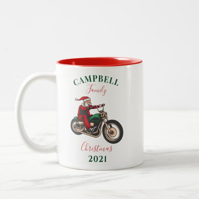 Weihnachts-Motorradfamilie Personalisiert Zweifarbige Tasse (Links)