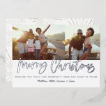 Weihnachts-Multi-Foto moderne Silber-Drehbuch-Chic Folien Feiertagskarte<br><div class="desc">Fett moderner,  silber und weiß Skripttext,  Multi-Foto Weihnachtskarte. Mit sternenbester Backer Design. Erhältlich in verschiedenen Farben.</div>