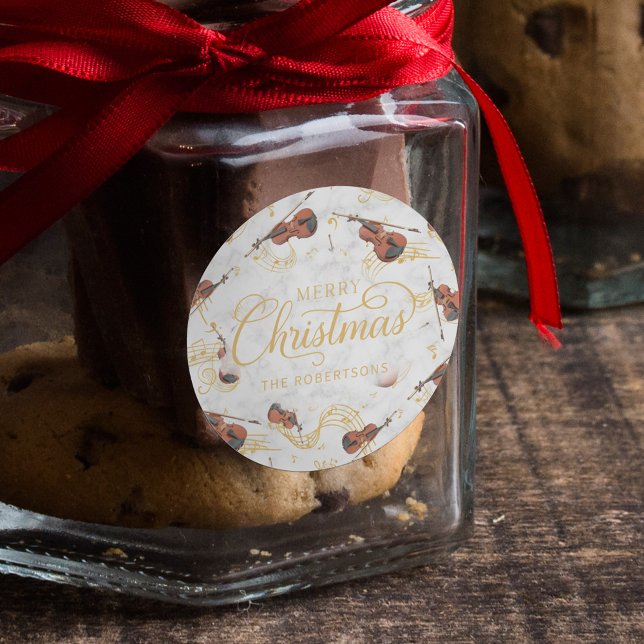 Weihnachts-Musiknoten Violin Elegant Runder Aufkleber (Von Creator hochgeladen)