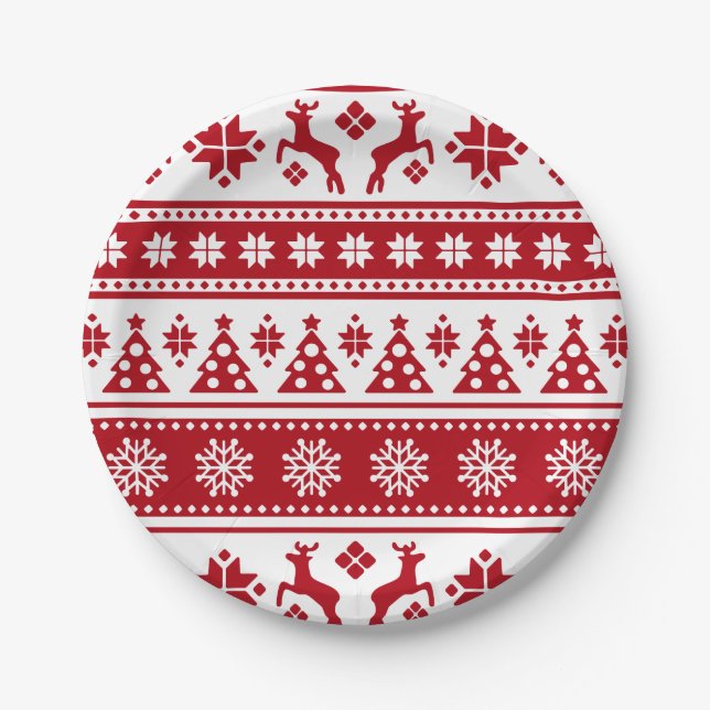Weihnachts-Muster für Rotes und Weißes Hirsch und  Pappteller (Vorderseite)