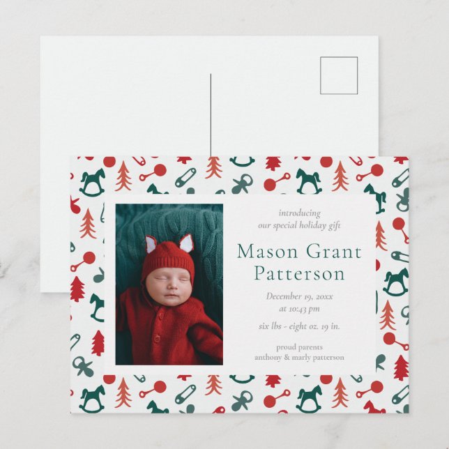 Weihnachts-Neugeborene Ankündigung Postkarte (Vorne/Hinten)