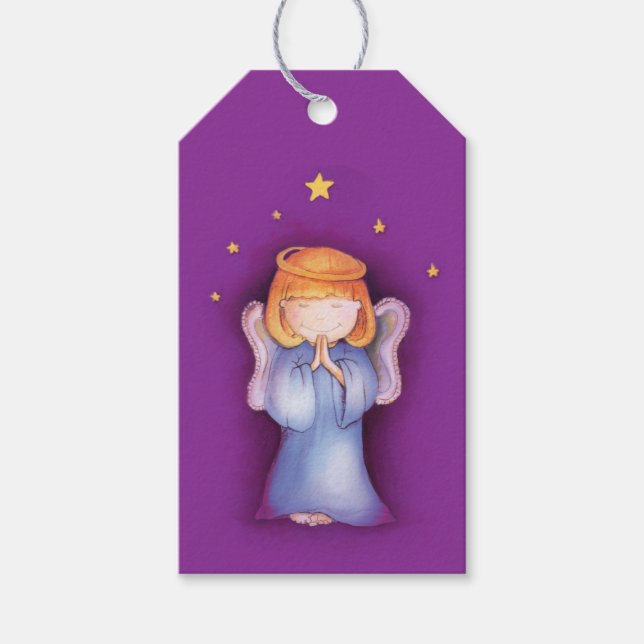 Weihnachts-niedliche Engelmädchen-lila Geschenkanhänger (Vorderseite)