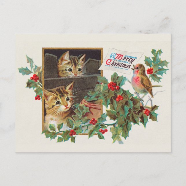 Weihnachts-Niedliche Vintage Katze Postkarte (Vorderseite)