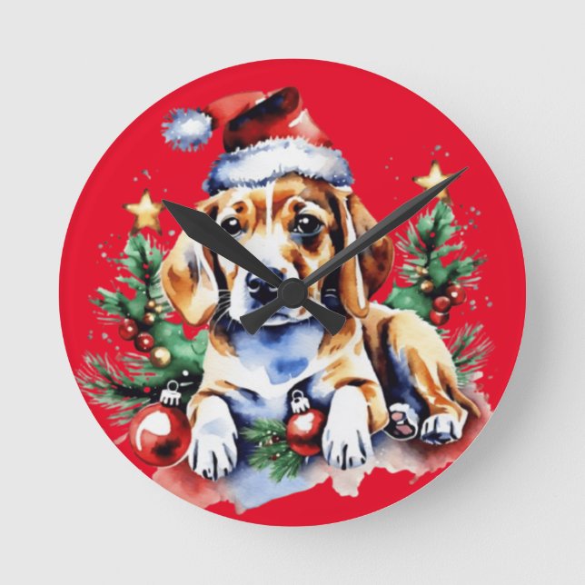 Weihnachts-niedlicher Welpe Runde Wanduhr (Vorderseite)