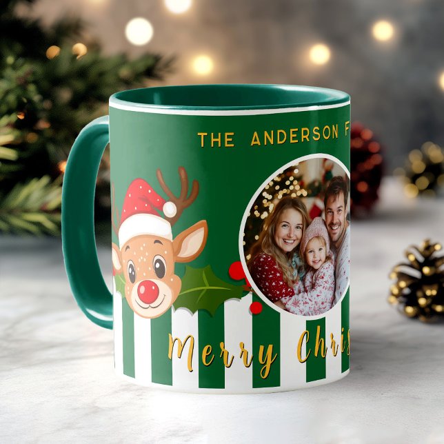 Weihnachts-Niedliches Foto Santa Reindeer & Holly Tasse (Christmas Cute Santa Reindeer & Holly Family Photo Mug)