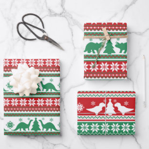 Weihnachts-Nordic-Fair-Isle-Dinosaurier-Pullover Geschenkpapier Set