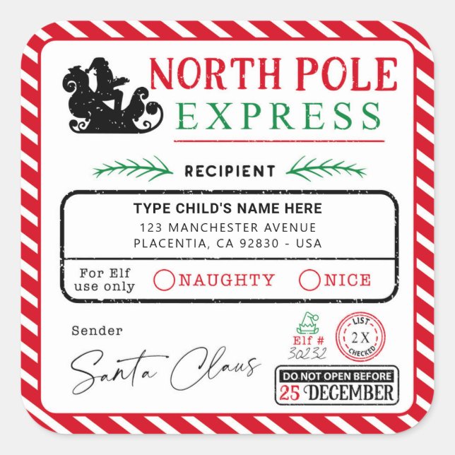 Weihnachts-Nordpol-Express-Adresse Versand Quadratischer Aufkleber (Vorderseite)