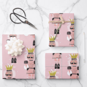 Weihnachts-Nussknacker-Figuren Handgezeichnet Rosa Geschenkpapier Set